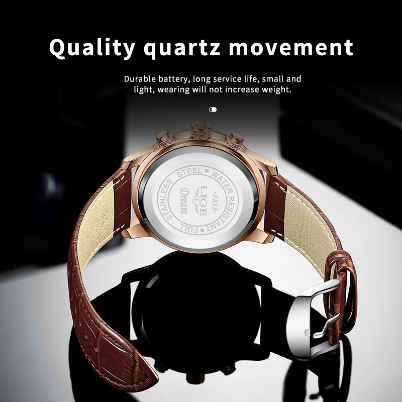 LIGE Men Watch Luxury Leather Waterproof Sport Quartz Wristwatch Chronograph Military Watch for Men Relogio Masculino Men‘s Gif