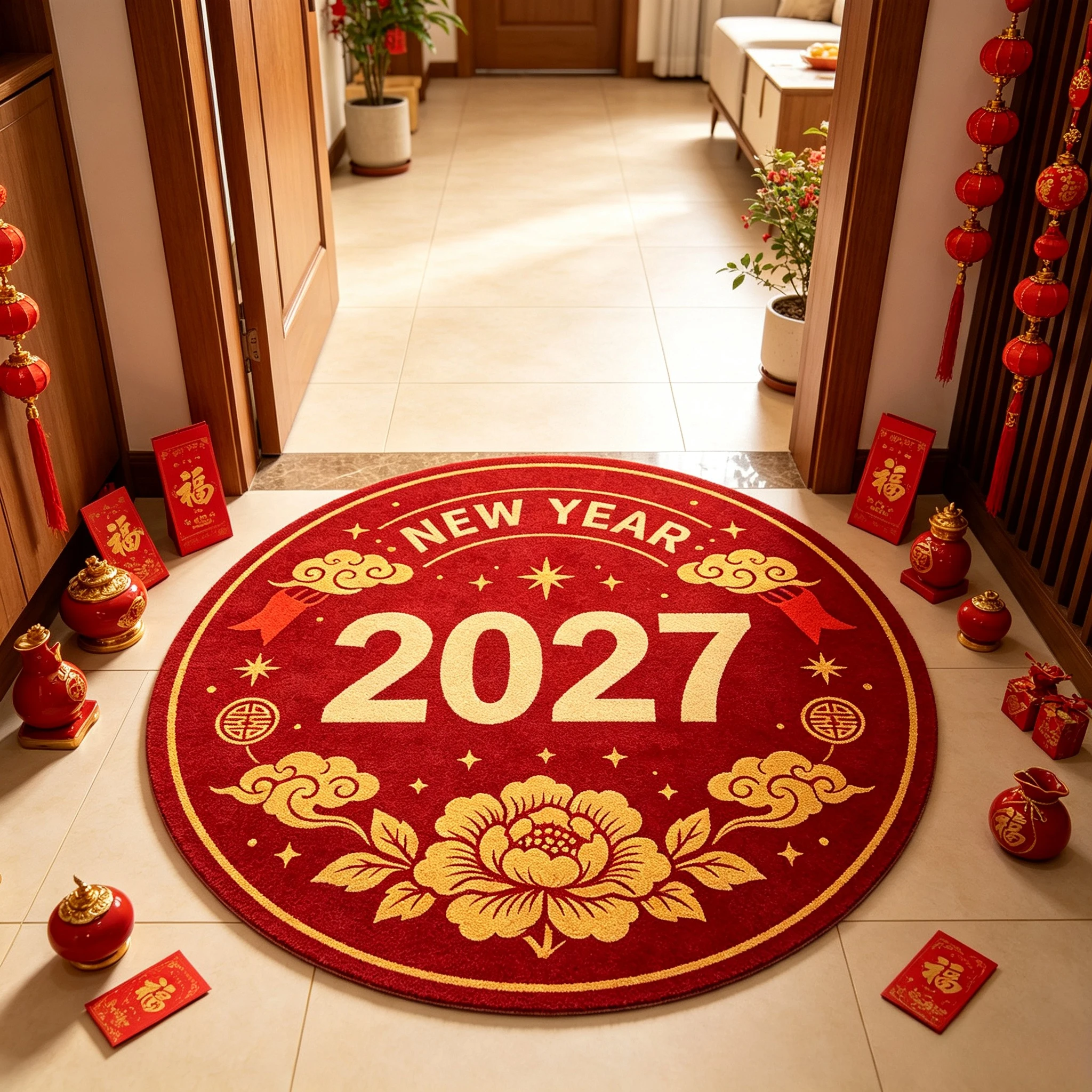 Trendy Round 2027 New Year Chinese Style Print Rug Home Decor Floor Mat for Living Room Bedroom Holiday Party Indoor Carpet