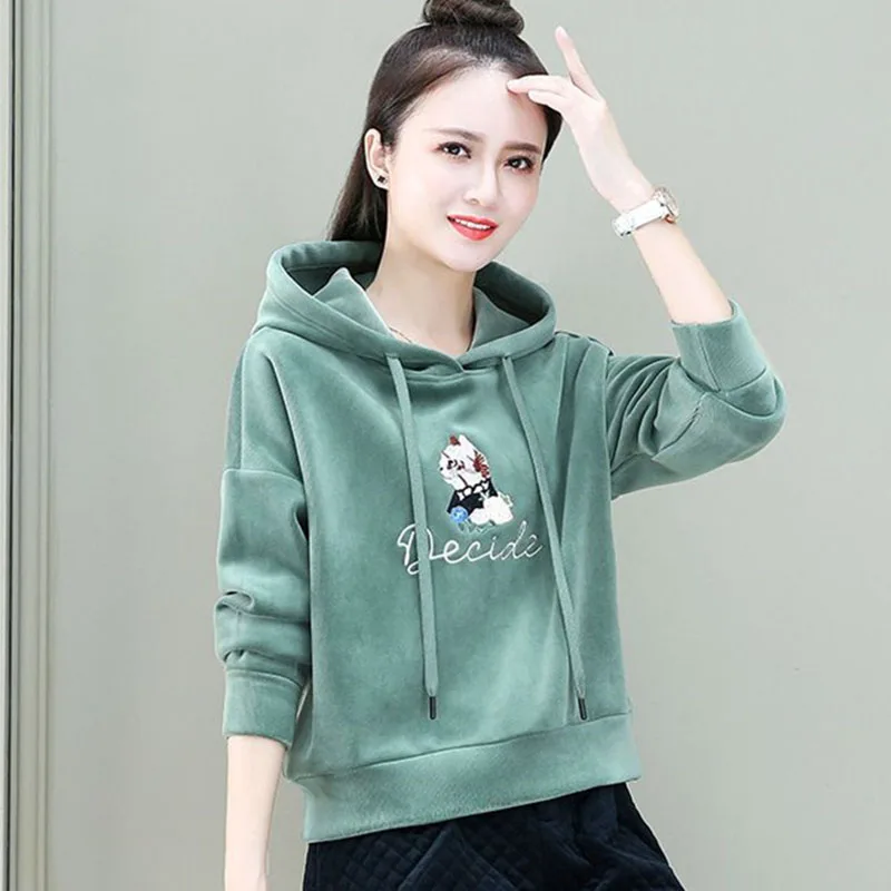 Women\'s Hooded Embroidery Sweatshirt 2023 Autumn Winter New Add Velvet Thickened Warm Top Lady Short Loose Coat 4XL
