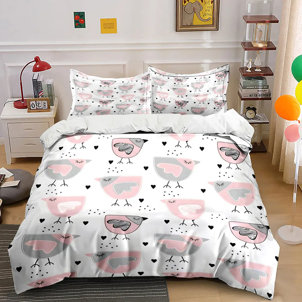 3pcs Pink birds with heart patterns Print Soft Comfortable Duvet Cover Bedding Set Included 1*Duvet Cover 2*Pillowcases