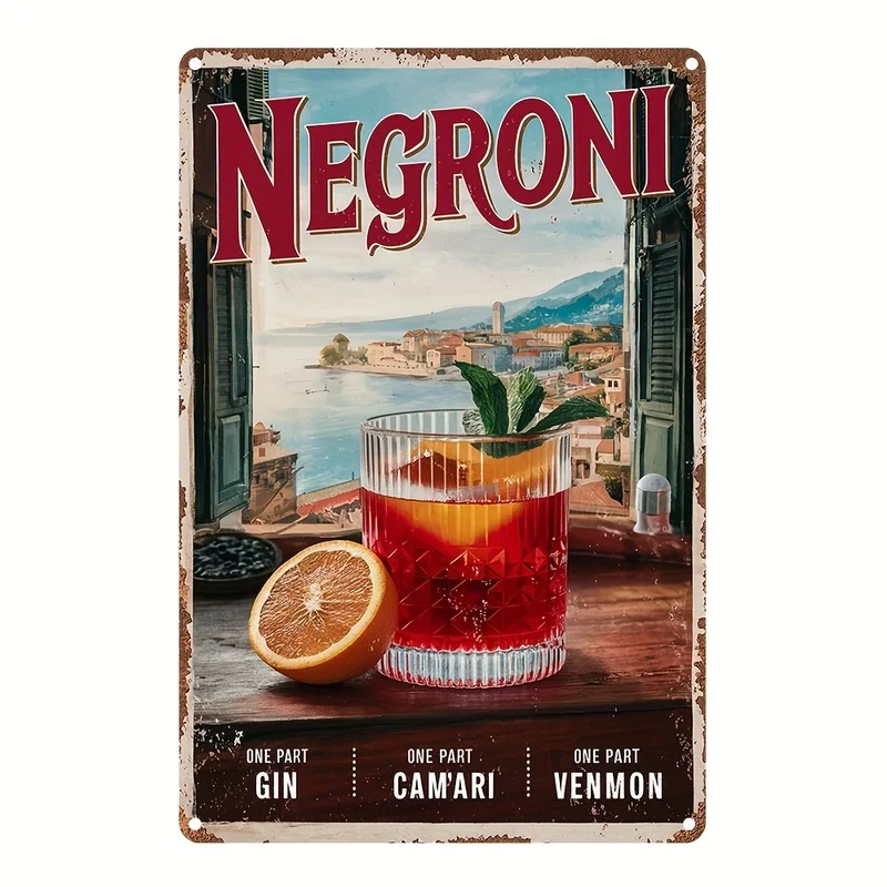 2D Flat 1Pc Vintage Negroni Metal Tin Sign, Bartender Wall Decor Plaque with Negroni Citrus & Venetian Style for Home Bar Cafe