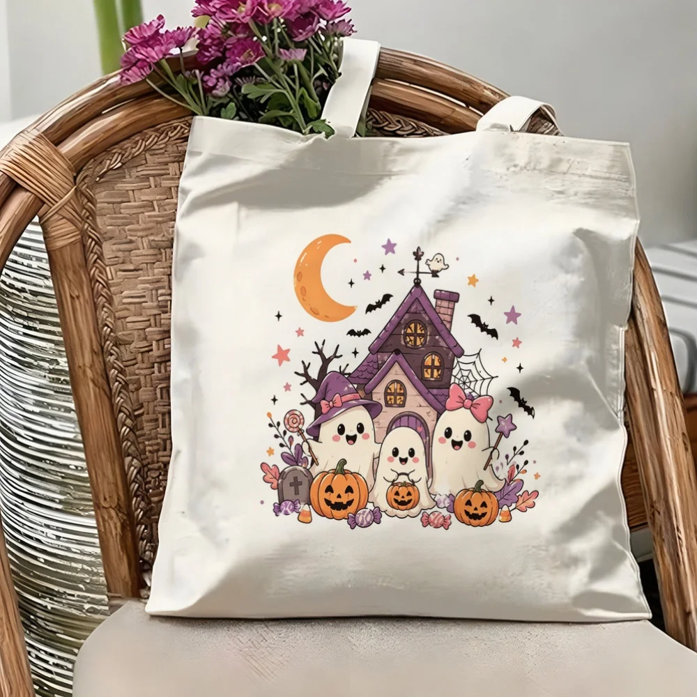 Funny Coffee Drinking Ghost Printed Canvas Tote Bag Cozy Autumn Vibes Halloween Shopper Aesthetic Women Bookbag