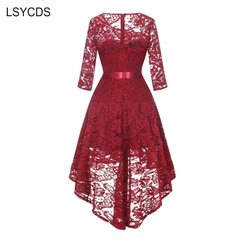 LSYCDS Retro Dress Vintage 50s 60s Autumn 3/4 Sleeve O-Neck Floral Lace Dress Women Elegant High Low Hem Party Dress Ladies