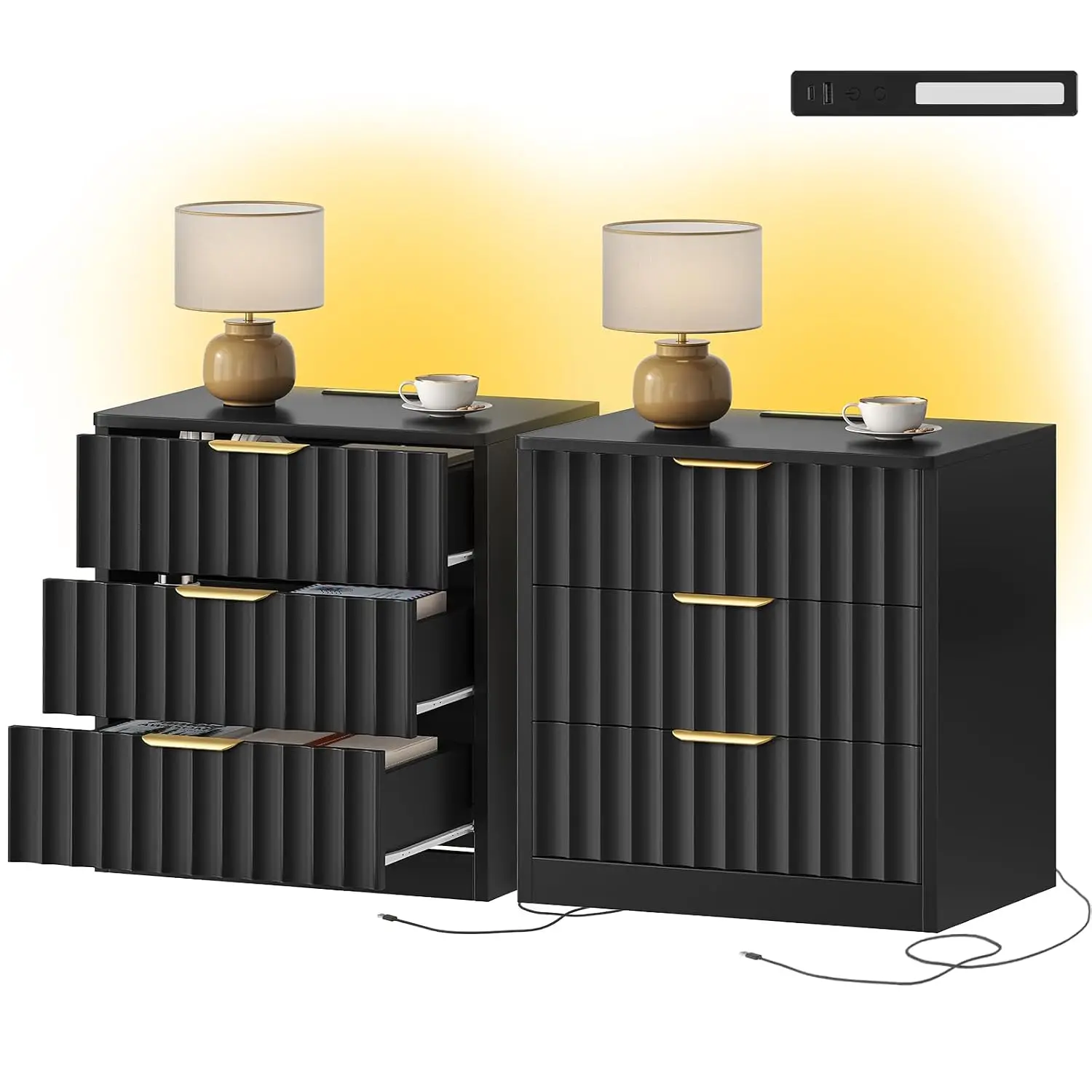 Fluted Nightstands Set of 2, Night Stand with Charging Station and LED Light, Nightstand with 3 Storage Drawers, Bedside Table