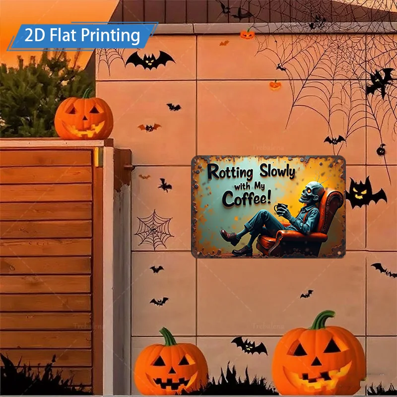 [2D FLAT] 1 قطعة علامة معدنية للهالوين زومبي علامة القهوة 2D طباعة مسطحة ديكور