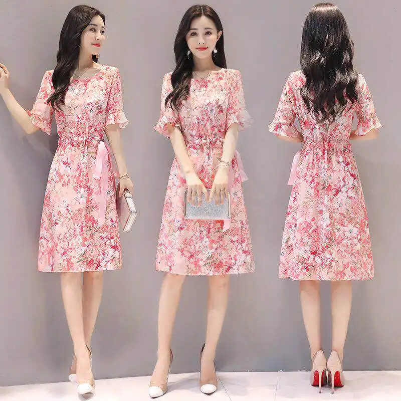 

2024 Korean print medium length dress slim fit flared short sleeved floral A-line skirt