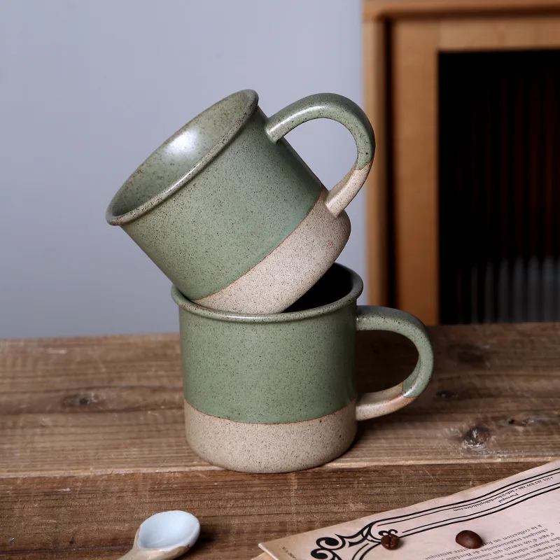 280ML Retro Coarse Ceramic Coffee Mug Creative Splicing Green Design Simple Water Cup Small Sesame Glazed Ceramic Breakfast Mug
