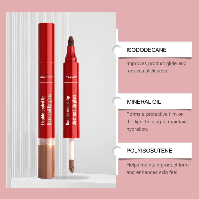 2-in-1 Double-Headed Liquid Lip Gloss Pen Lip Contour Liner Oil Long Lasting Moisturizing Plumping Lip Glaze Stain Makeup
