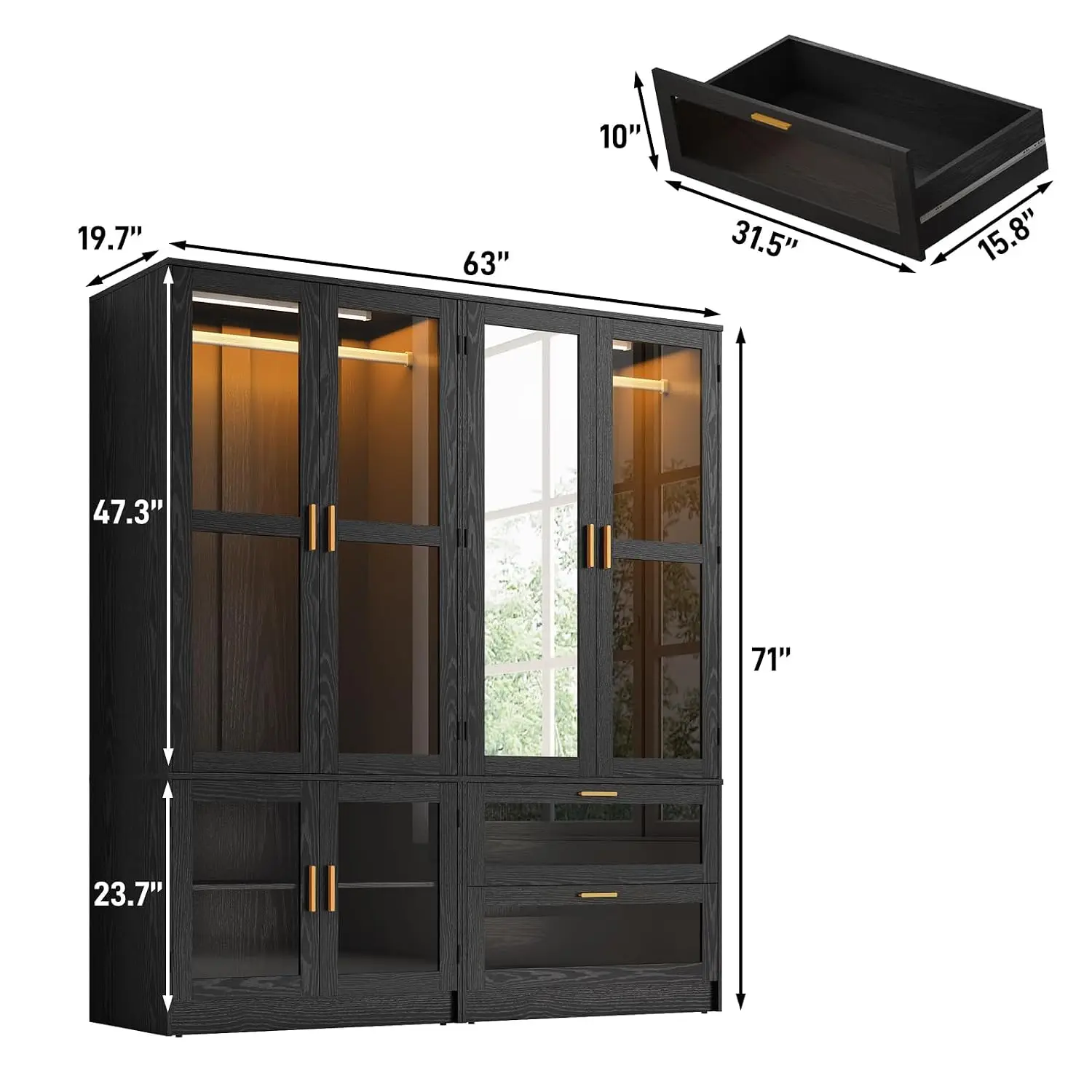 4 Doors Armoire Wardrobe Closet with LED and Mirror,71