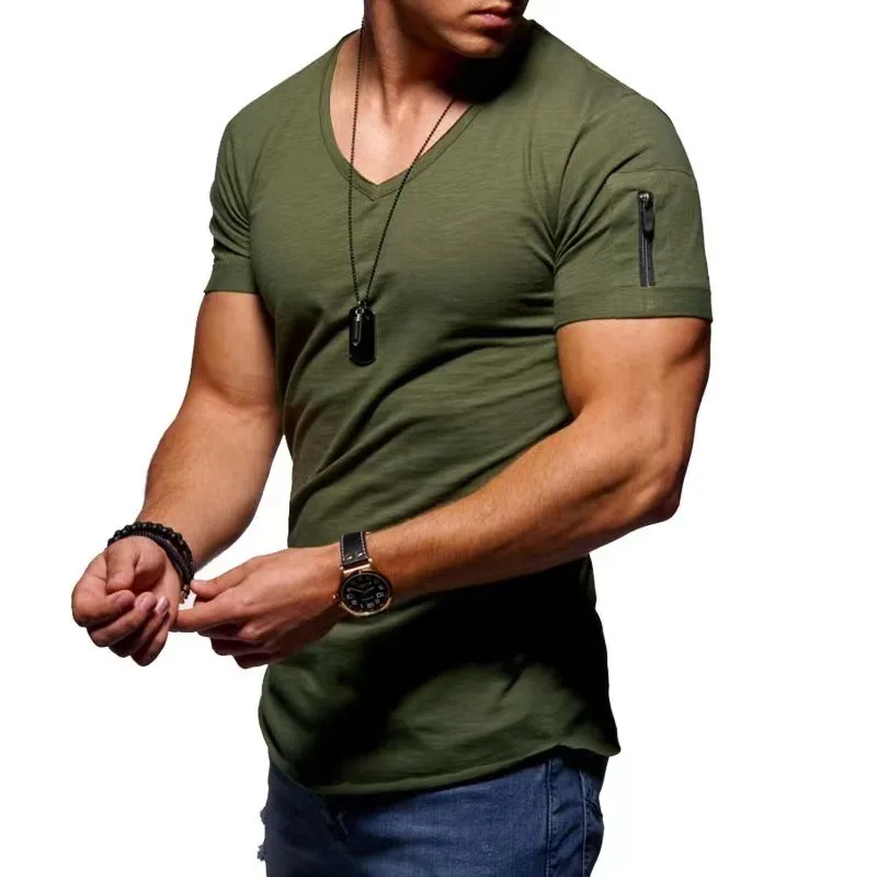 New Men\'s Short Sleeved V-neck T-shirt Men\'s Solid Color Slim Fit Base Shirt Sleeve Zipper Fashionable Sports T-shirt