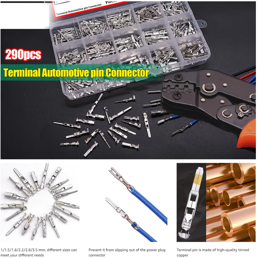 290-teiliges Set Auto-Elektrokabel-Anschlussklemmen 1/1,5/1,8/2,2/2,8/3,5mm Steckverbinder Stecker und Buchsen Crimpkontakte mit Zange – Detail 1