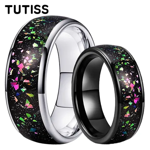 TUTISS 8mm Black Opal Ring Tungsten Wedding Band For Men Women Sandblast Based Domed Polished Comfort Fit