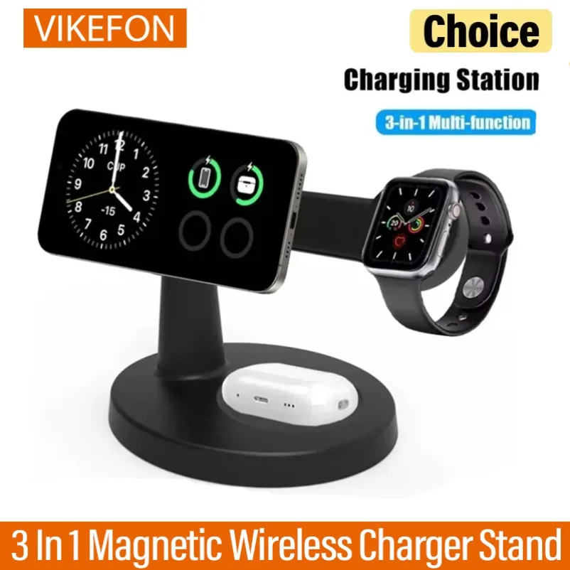 

Магнитная беспроводная зарядная станция 3-в-1 для Magsafe iPhone 17-12 Pro Max, Apple Watch 9 8, AirPods Pro – быстрая зарядка