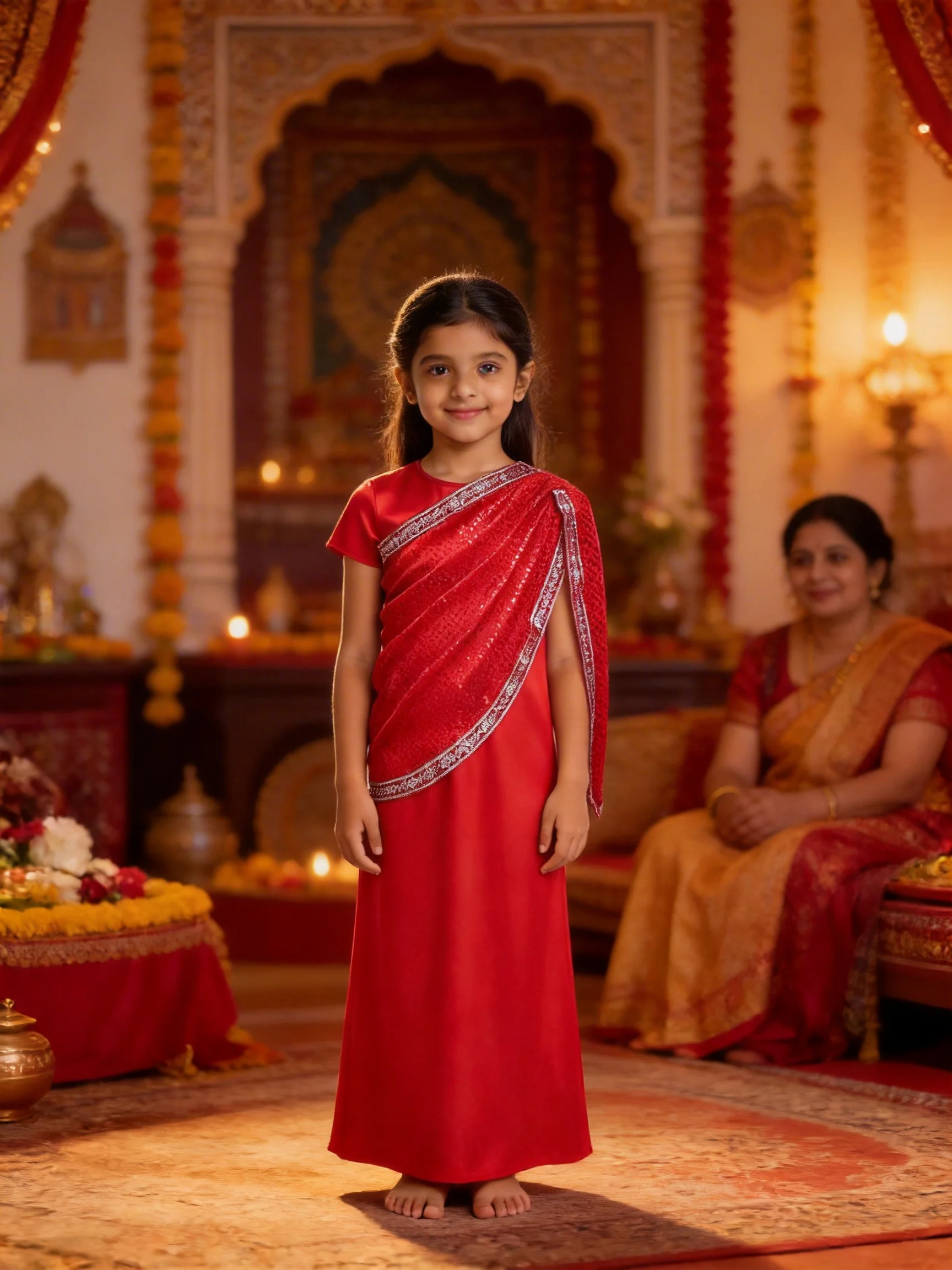 Kids Red Indian Traditional Saree Dress Girls Sequin Ethnic Gown Children Performance Costume for Diwali Wedding Festival Stage image 3