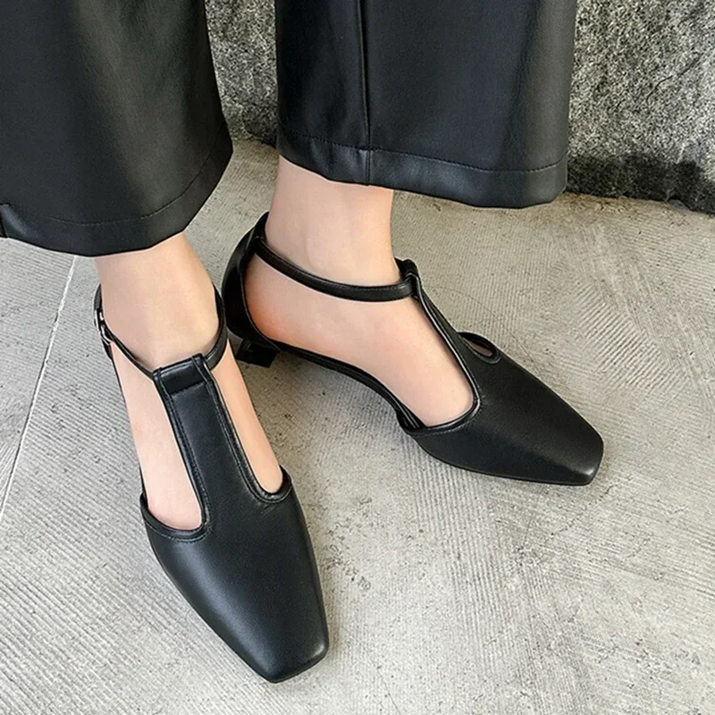 

NEW Summer Women Sandals Split Leather Shoes For Women Cover Toe Low Heel Shoes Concise Square Toe Kitten Heel Women Black Shoes