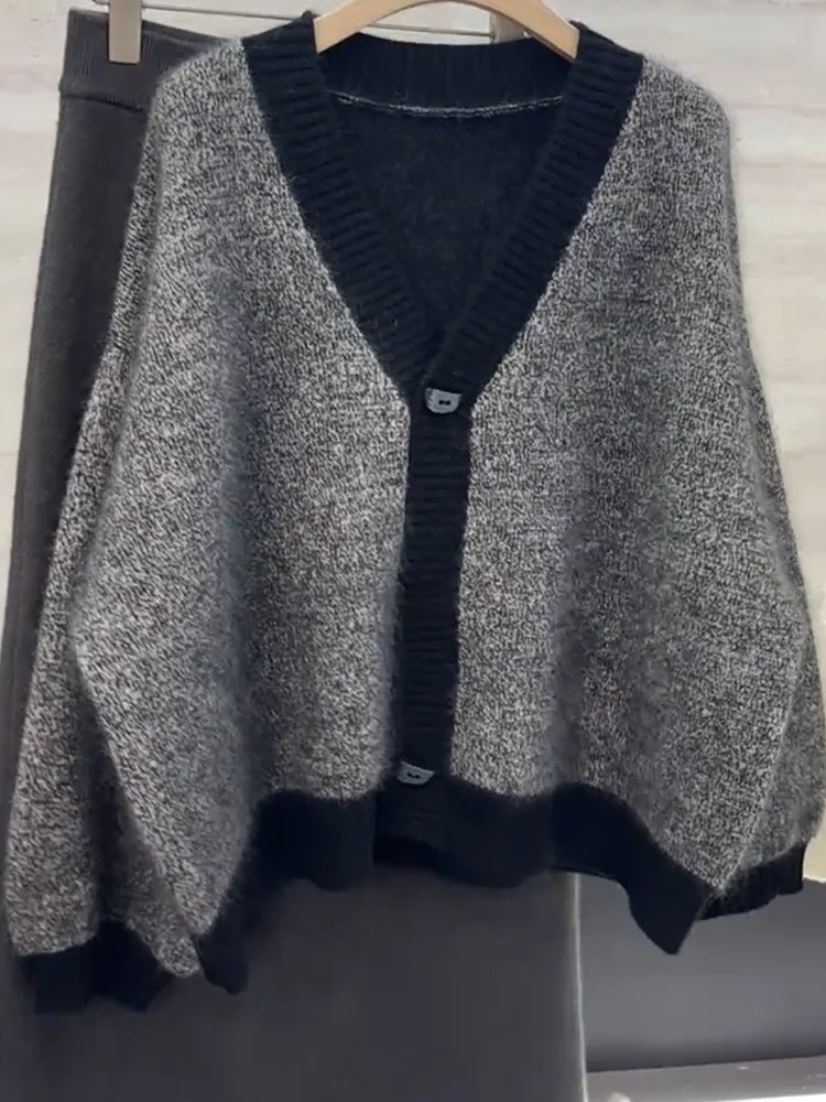 

Korean Style V-Neck Knitted Open Cardigan Autumn New plus Size Versatile Slimming Age-Defying Top Color Block Long Sleeve Woolen