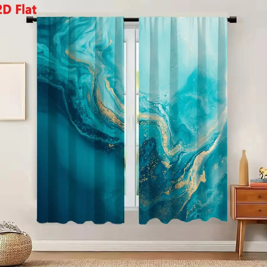 2Pcs Curtains 2D Flat Abstract Composition Featuring Swirling Teal Turquoise And Deep Blue Patterns With Metallic Gold Accents W
