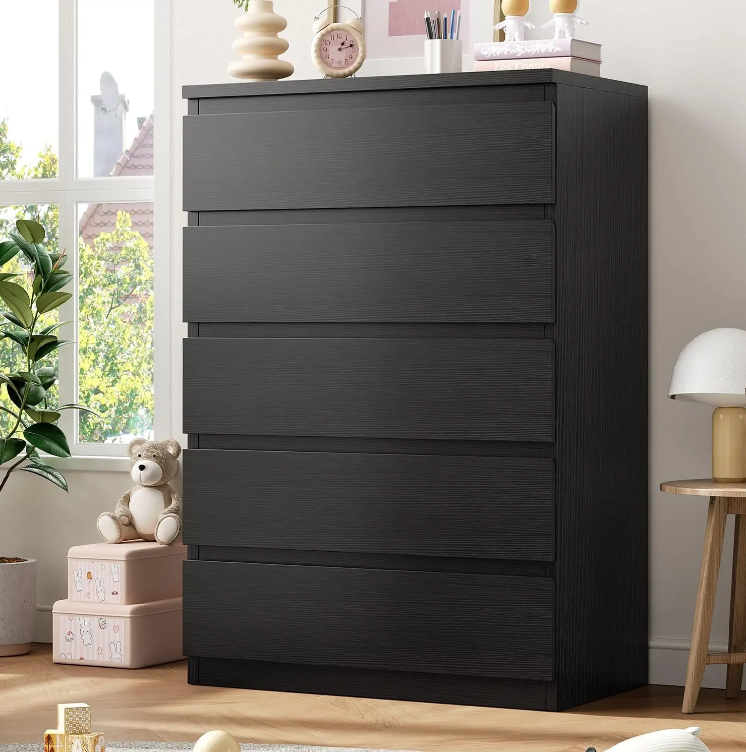

Black 5 Drawer Dresser for Bedroom, 15" D x 23.7" W x 40.4" H in Simply Chest of Drawers, Wood Storage Dresser with Drawers