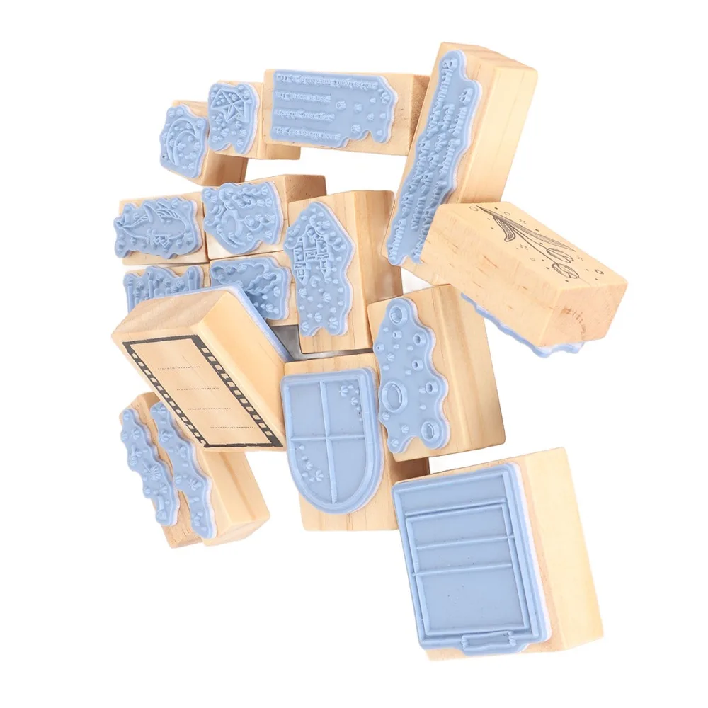 16pcs Clear Imprint Wooden Rubber Stamp Set Moon Cloud Scenery Delicate Carving Decorative Wood Stamp Rectangle Stamp Set