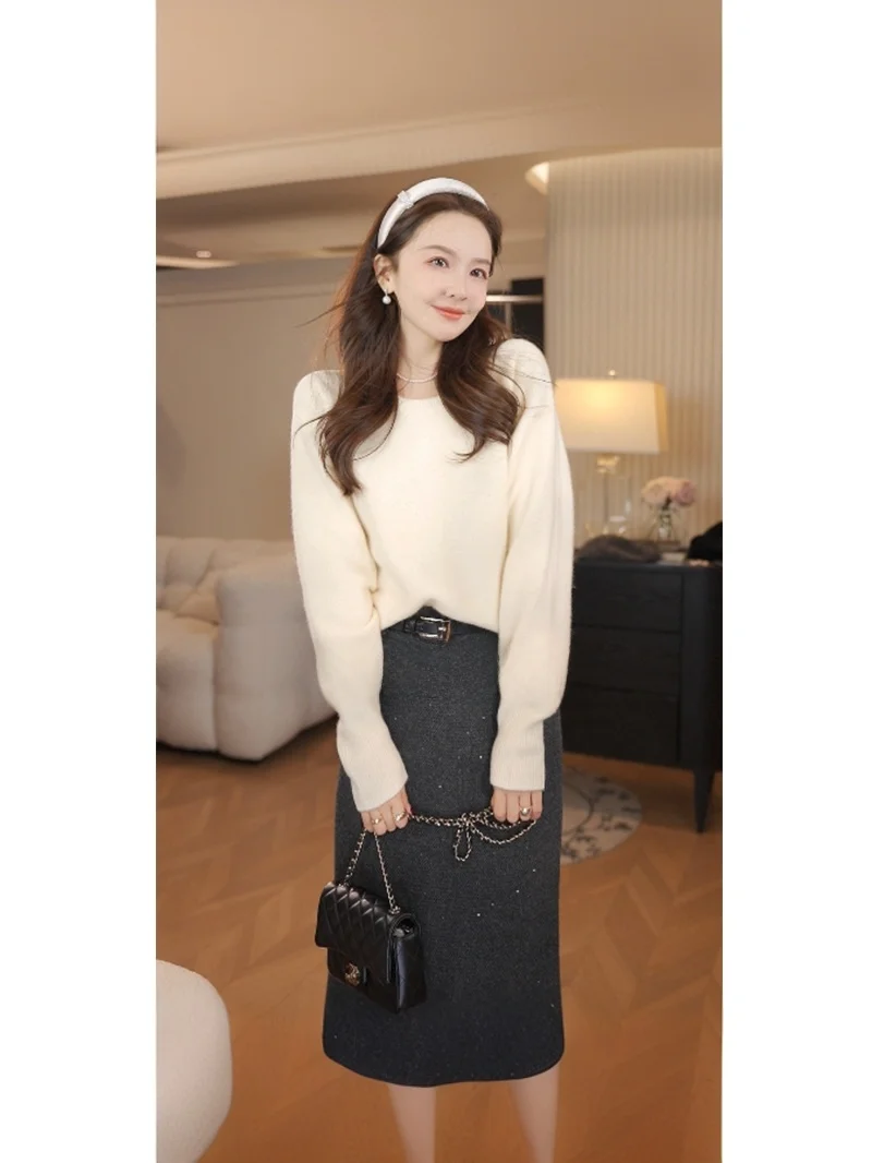 

Ele Faionable Women's eep Wool Sweater Loose Fit PINZIKO Large Rabbit Simple Sli Long Sve Color Knitwear