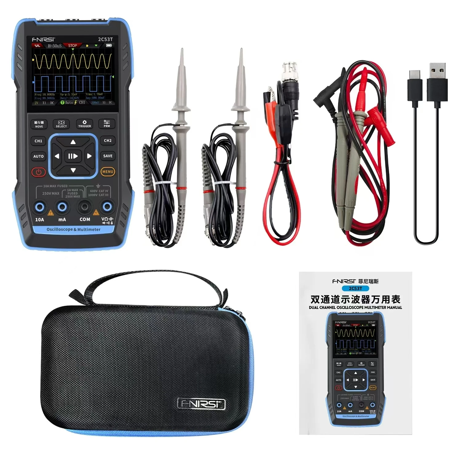 FNIRSI 2C53T 3in1 Multimeter Digital Oscilloscope Built-in DDS Function Signal Generator 2 Channel 50MHz Bandwidth 250MS Rate