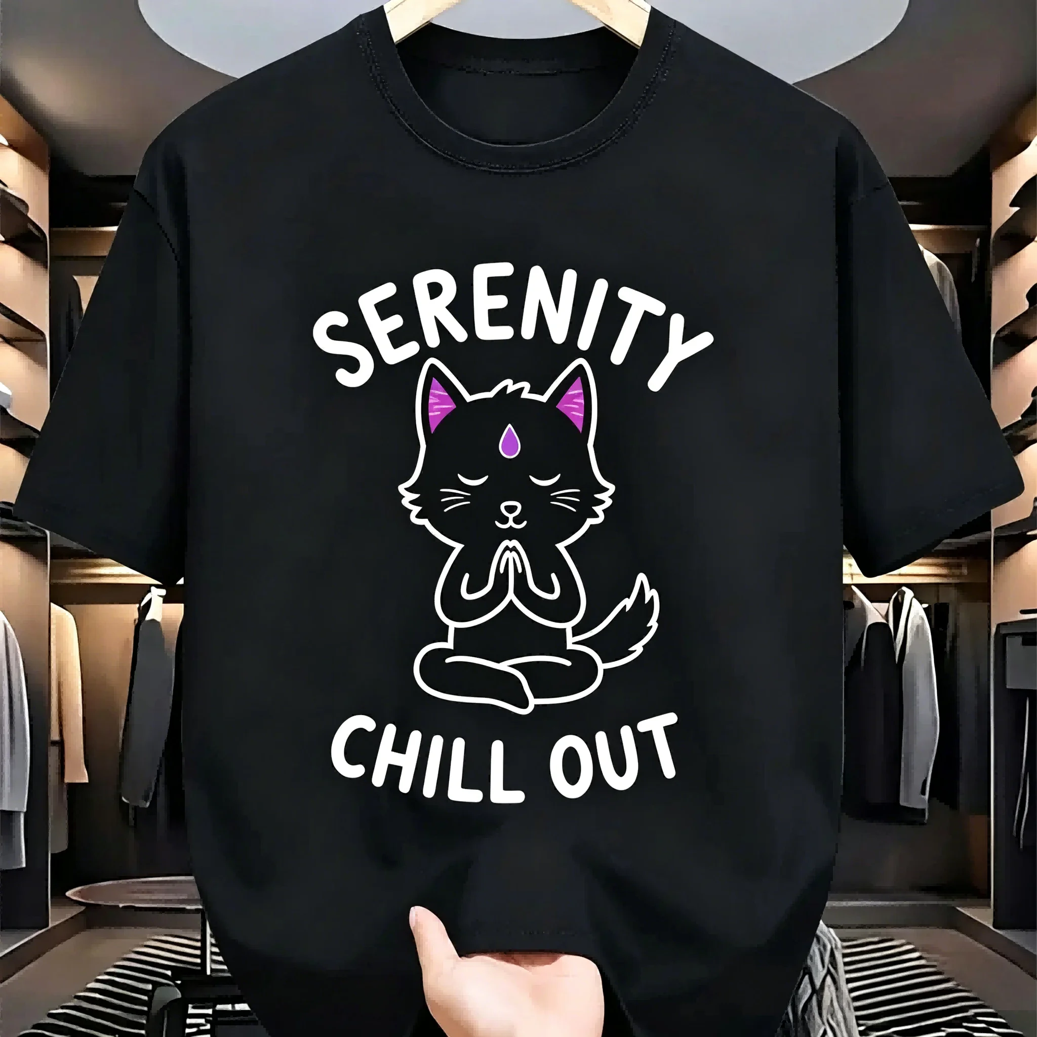Camiseta de algodón negra con estampado de gato Serenity Chill Out Yoga para hombre, camiseta informal Zen