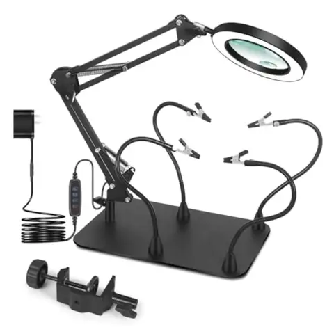 Magnifying Glass with Light and Stand Flexible Magnetic Helping Hand 5Xand10X 12V 108pcs LED Beads Magnifying Lamp 3 Modes Adju