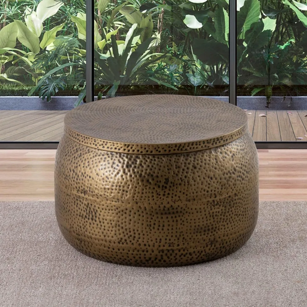 

Living Modern Round Aluminum Hammered Embossed Texturing, Metal Drum Coffee Table with Removable Lid for Storage,Fully As