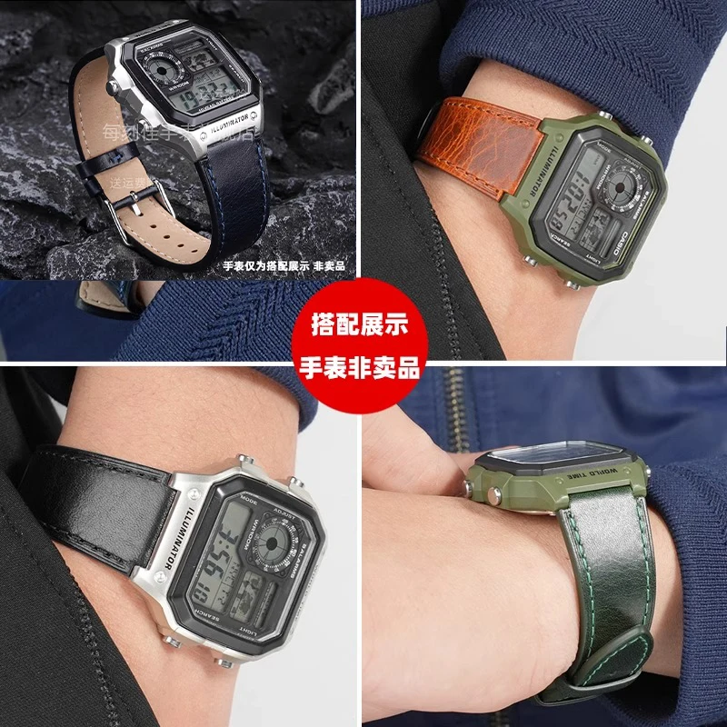 Leather watchband For Casio A158 A159 A169 AE1200 AE1300 A158 W-218 Watchstrap ae1200 18mm with Men and Women's watchchain