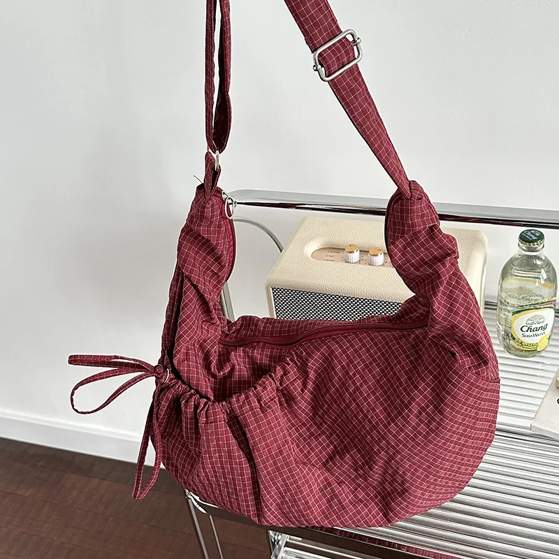 

Retro Plaid Hobos Shoulder Bags for Women Drawstring Pocket Nylon Dumpling Bag Large Capacity Portable Travel Messenger Bag