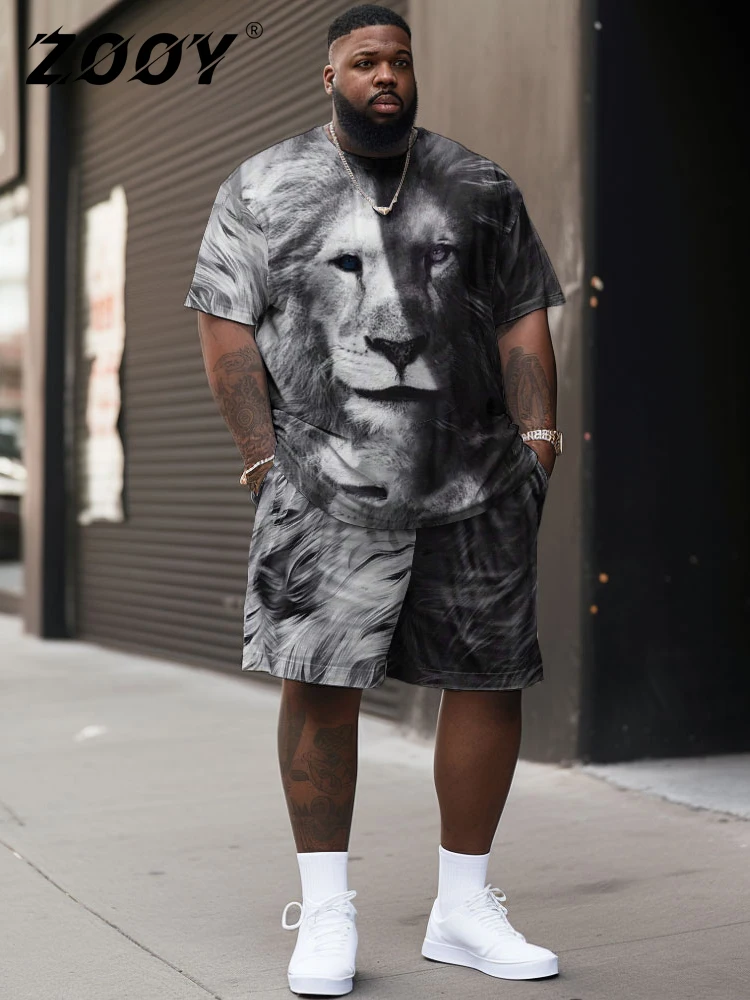 ZOOY (L-9XL) Plus Size Men\'s Waist 166cm Tiger Lion Head Gradient Colored Print Trendy Cool Short sleeved T-shirt Shorts Set