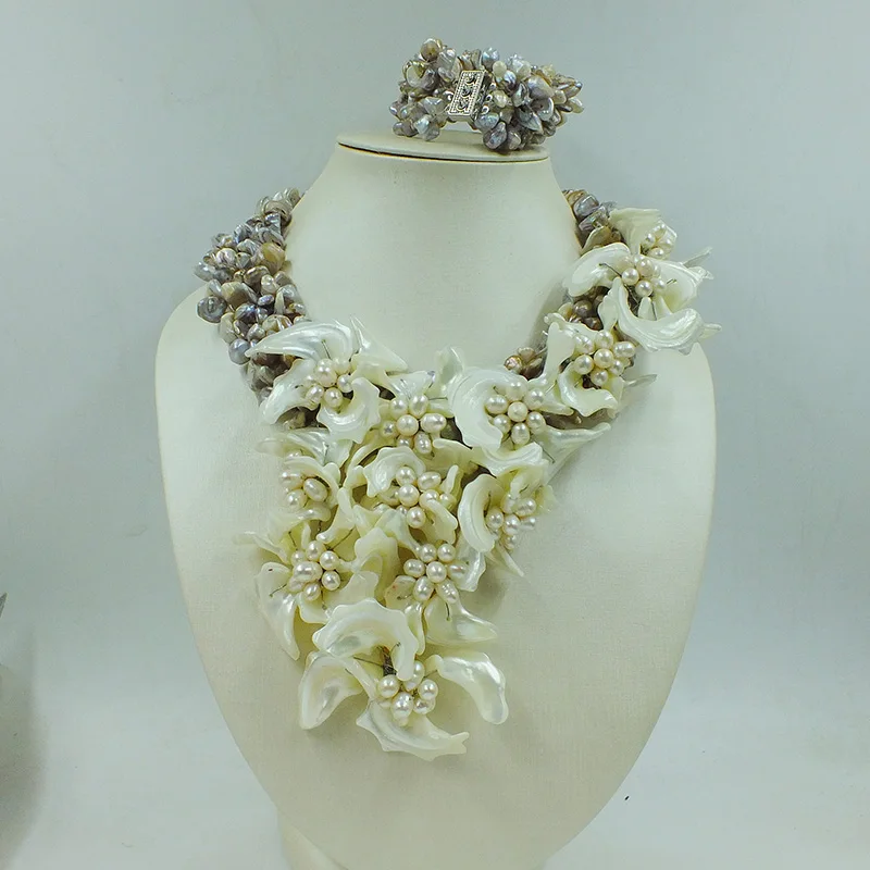 WWZ-102#   Excellent!  deep sea Shell pearl  Flower Necklace 18\