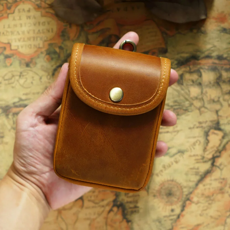 

Genuine Leather Small Waist Bag Coins Purses Crazy Horse Cowhide Wallets Mini Card Key Bag Men's Cigarette Bag Money Storage Box