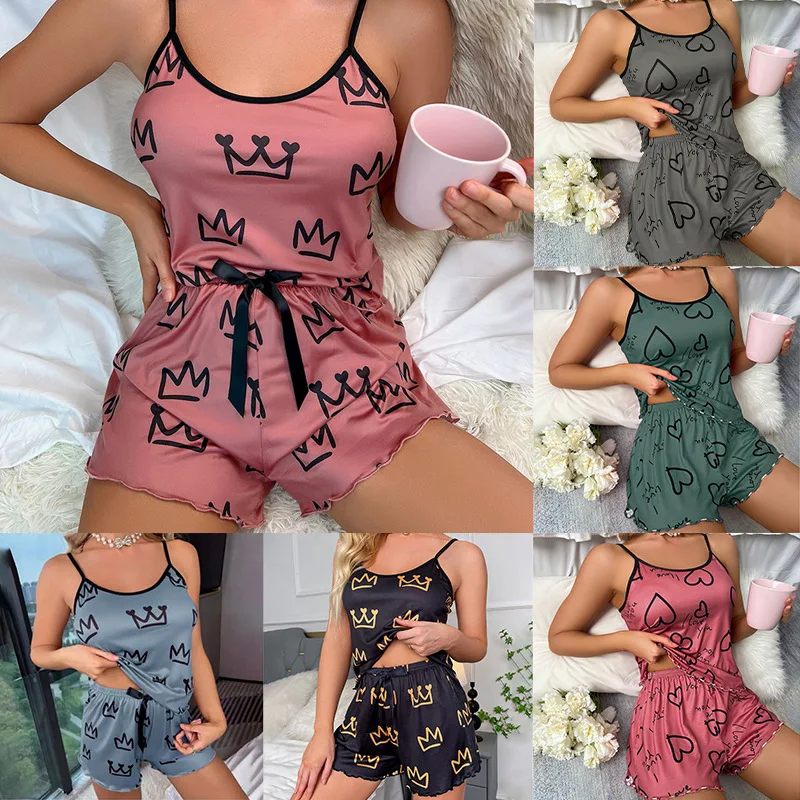 Women Pajamas Set Cartoon Print Pajamas Top and Shorts Sleepwear 2 Piece Pjs Loungewear Sexy Pyjamas for Girls Nightwear Summer