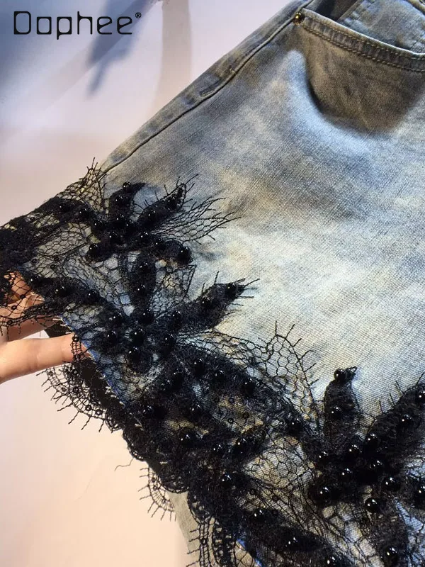 빈티지 헤비 인더스트리 비즈 레이스 스플라이싱 하이웨이스트 슬림 숏 팬츠 유럽풍 패션 솔리드 컬러 베이직 와이드 팬츠