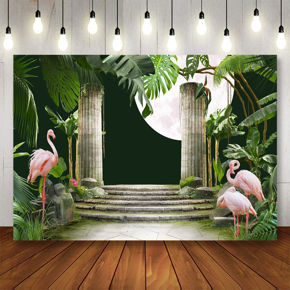 

Bonvvie Photography Background Tropical Jungle Flamingo Palm Trees Children Portrait Backdrop for Photo Studio Shoot Photozone