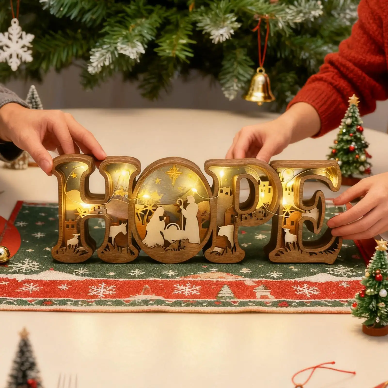Nativity Manger Lamp 3D Wooden HOPE Letters Home Decor Christian Christmas Decor for Mantelpieces Church Thanksgiving Holiday
