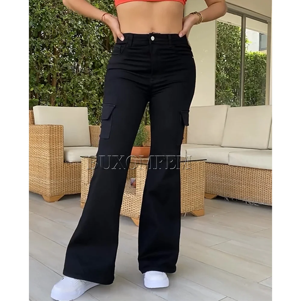 

Pocket Cargo Loose Jeans Stylish High Quality Y2k Flare Jeans Streetwear Elegant Work Pant Office Ladies Full Length Black Pants