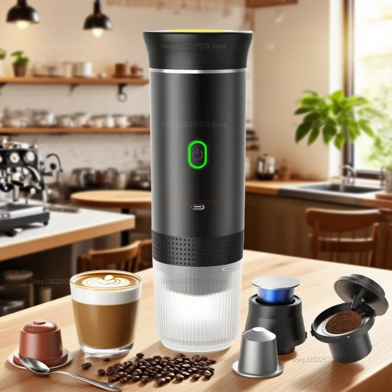 3-in-1 Electric Wireless Heating Coffee Machine Fit for Coffee Capsule/Powder Travel Coffee Maker for Car & Home Camping Travel