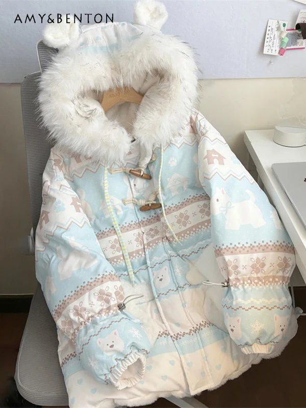 

Winter New Japanese Style Sweet Cute Bear Print Fur Collar Hooded Cotton Jacket for Women Thick Loose Casual Design Jacket