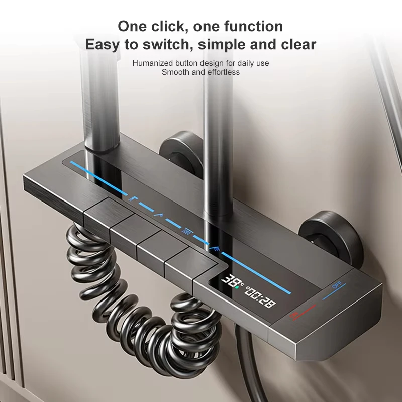 Set doccia con display digitale grigio, pulsante pianoforte caldo e freddo con luce atmosferica, soffione doccia con rubinetto da bagno