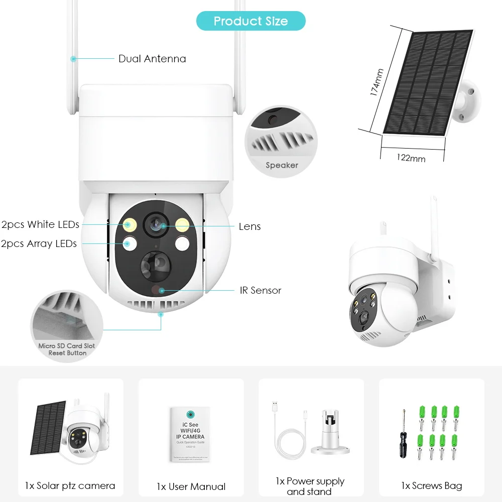 Wifi Solar PTZ Camera 4MP Wireless Solar CCTV Security Camera Outdoor WiFi Battery Rechargeable PTZ IP Camera With Solar Panel