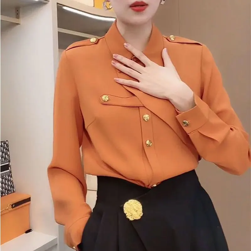 Commute Solid Color Stylish Asymmetrical Shirt Female Clothing Spliced Chic Single-breasted Spring Autumn Polo-Neck Loose Blouse