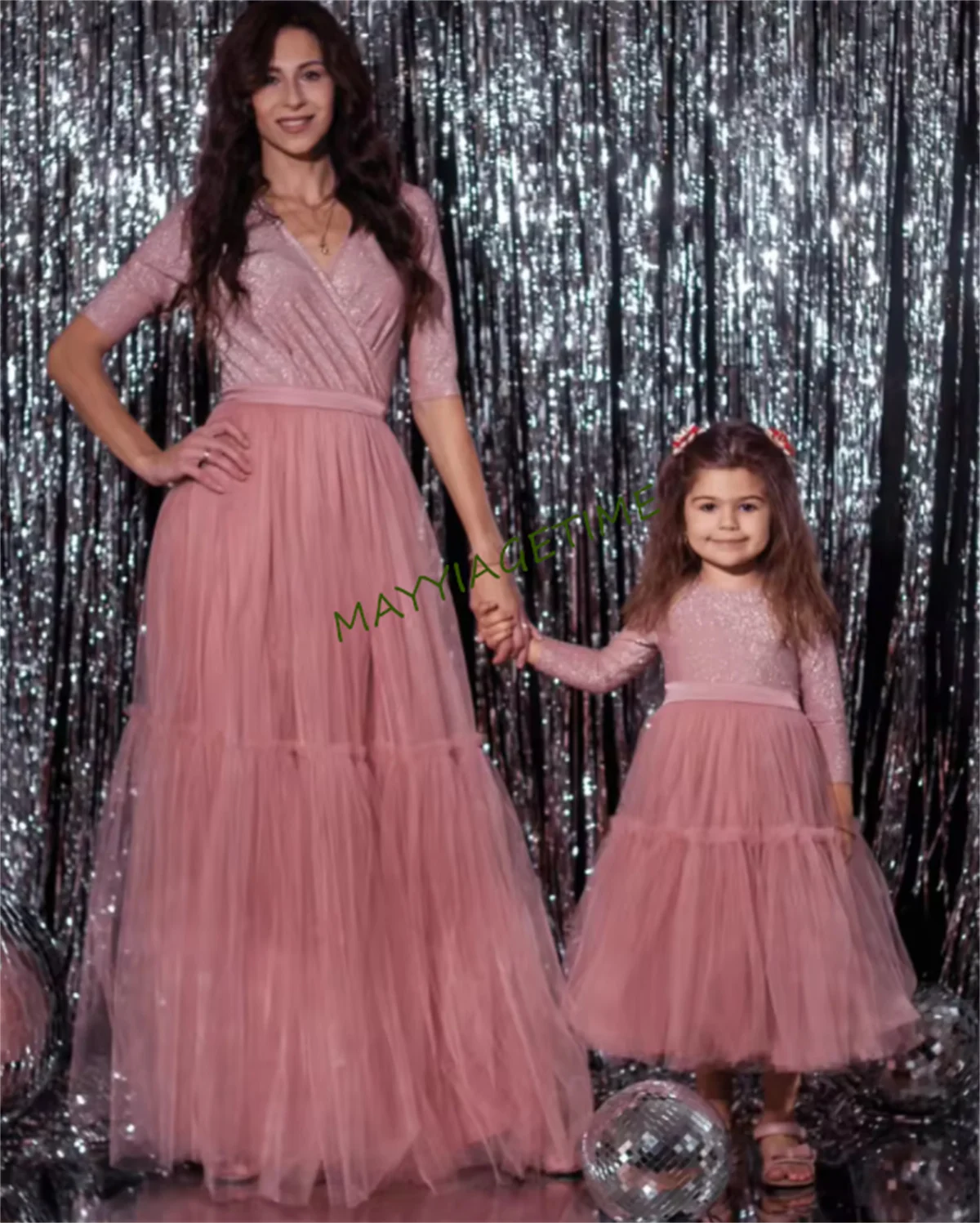 Vestidos en polvo Vestidos para madre e hija para sesión de fotos Ocasión especial Mamá y yo Tela elástica Hilo brillante