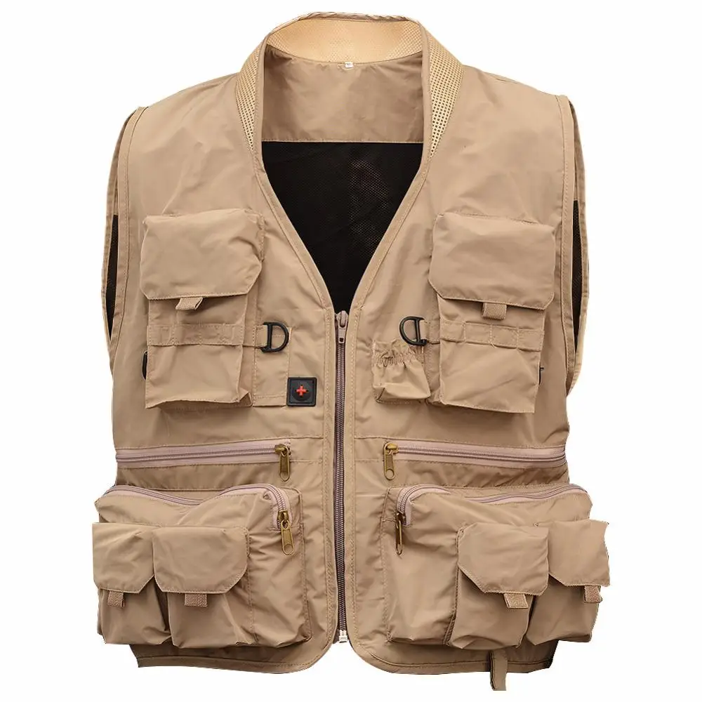 Chaleco de pesca con mosca para hombre, ropa exterior de poliéster, estilo Safari, cuello en V, corto, 100% poliéster