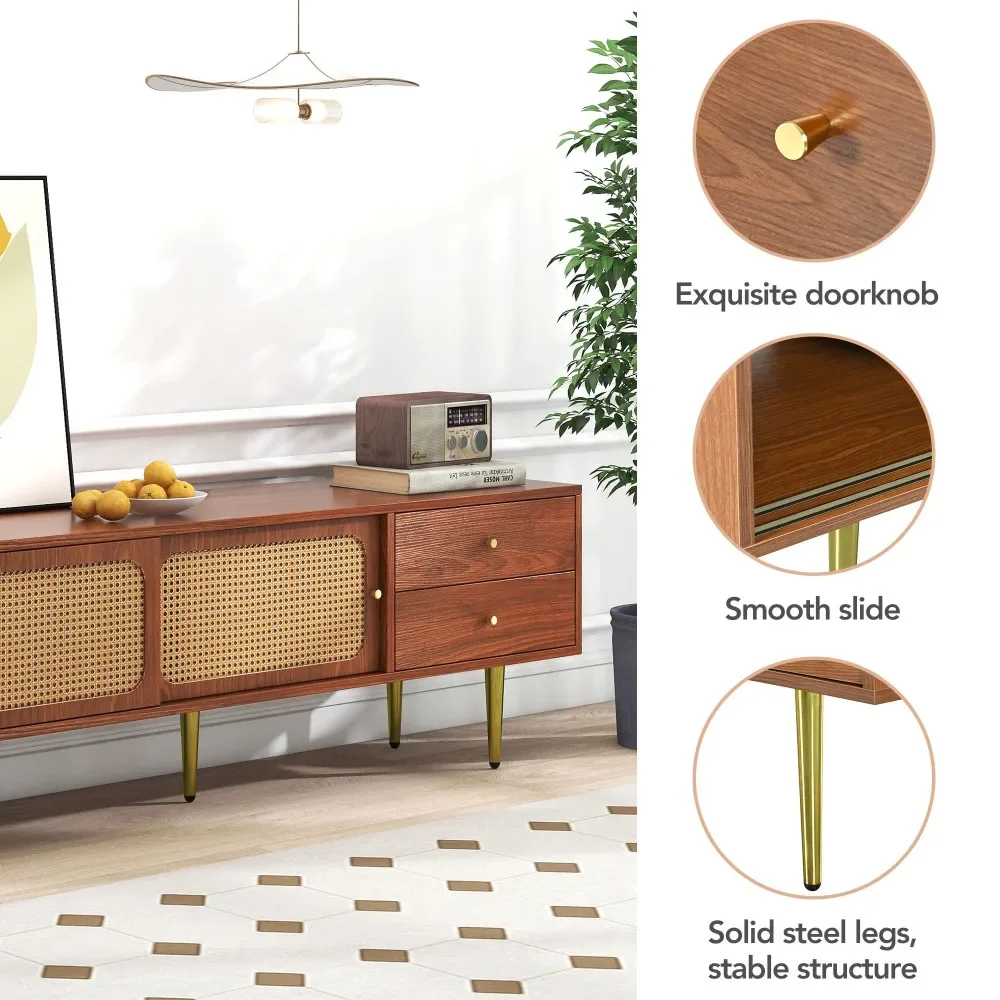 Moderner TV-Ständer mit Rattan-Schiebetüren, praktischer Stauraum, dunkles Rattan-Design aus Walnussholz – Detail 6
