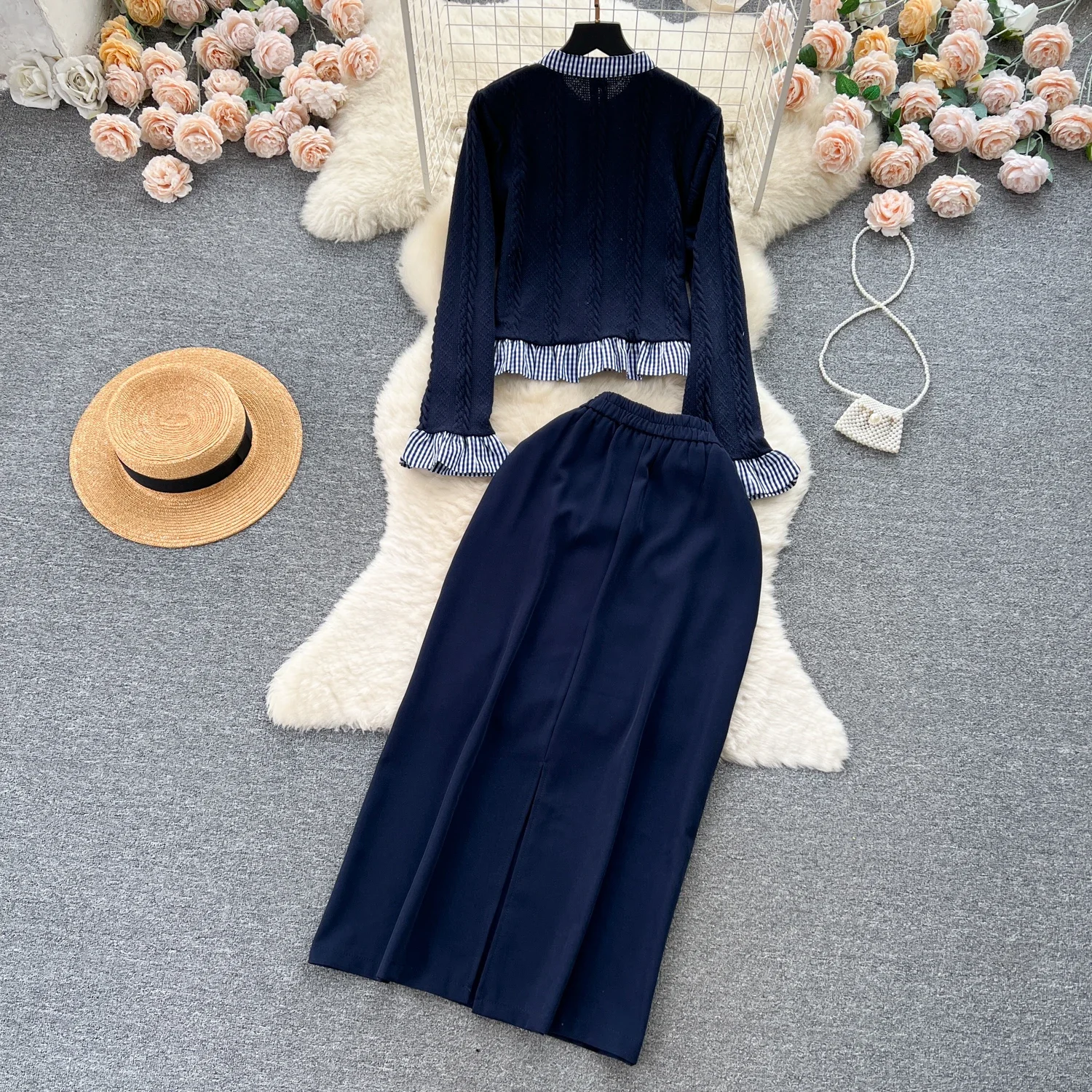 Chic Women Two-Piece Sets Vintage Single Breasted Butterfly Ear Fungus Edge Spliced Top High Waist Skirt High Street Clothing