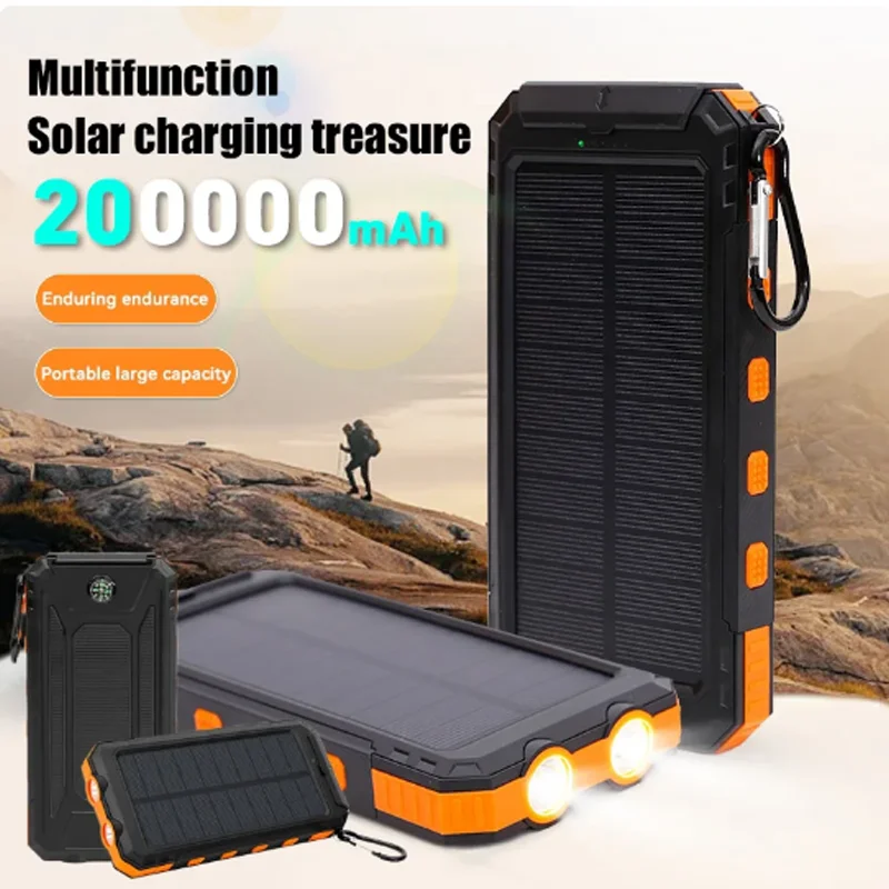 200000mAh Solar Power Bank Outdoor Wild Fishing Camping Ultra-Large Capacity Mobile Power Portable with Compass Rapid Charging