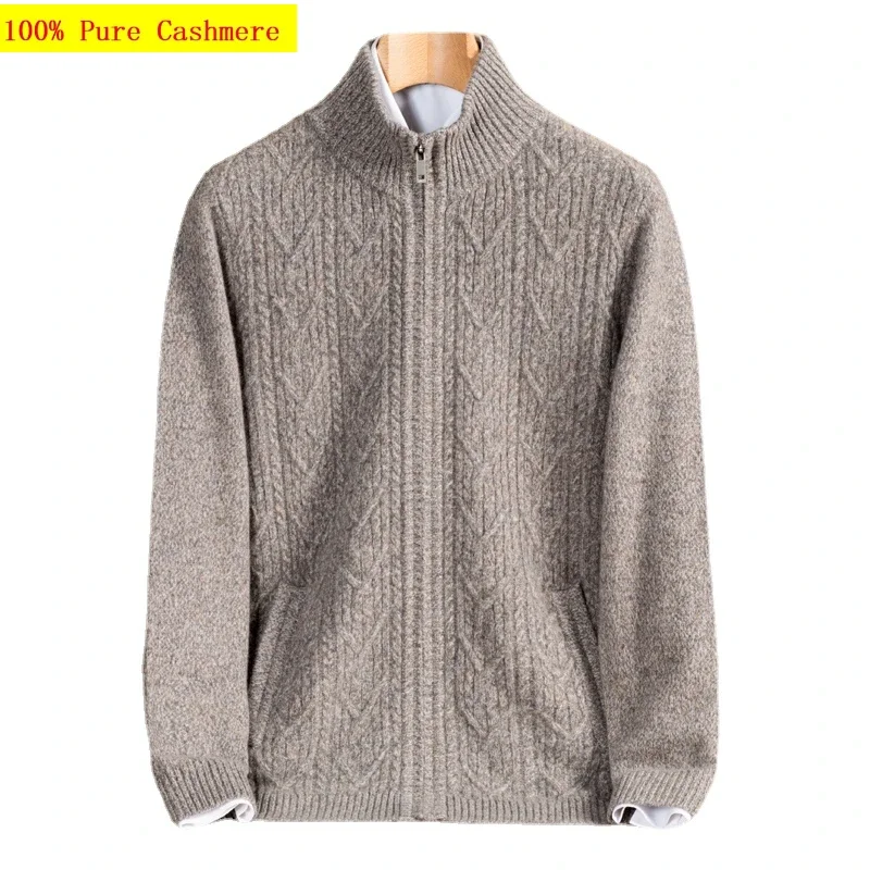 New Arrival Fashion Autumn and Winter 100% Cashmere Men's Long Zippered Knitted  High-end Sweater Jacket Plus Size S-3XL 4XL 5XL