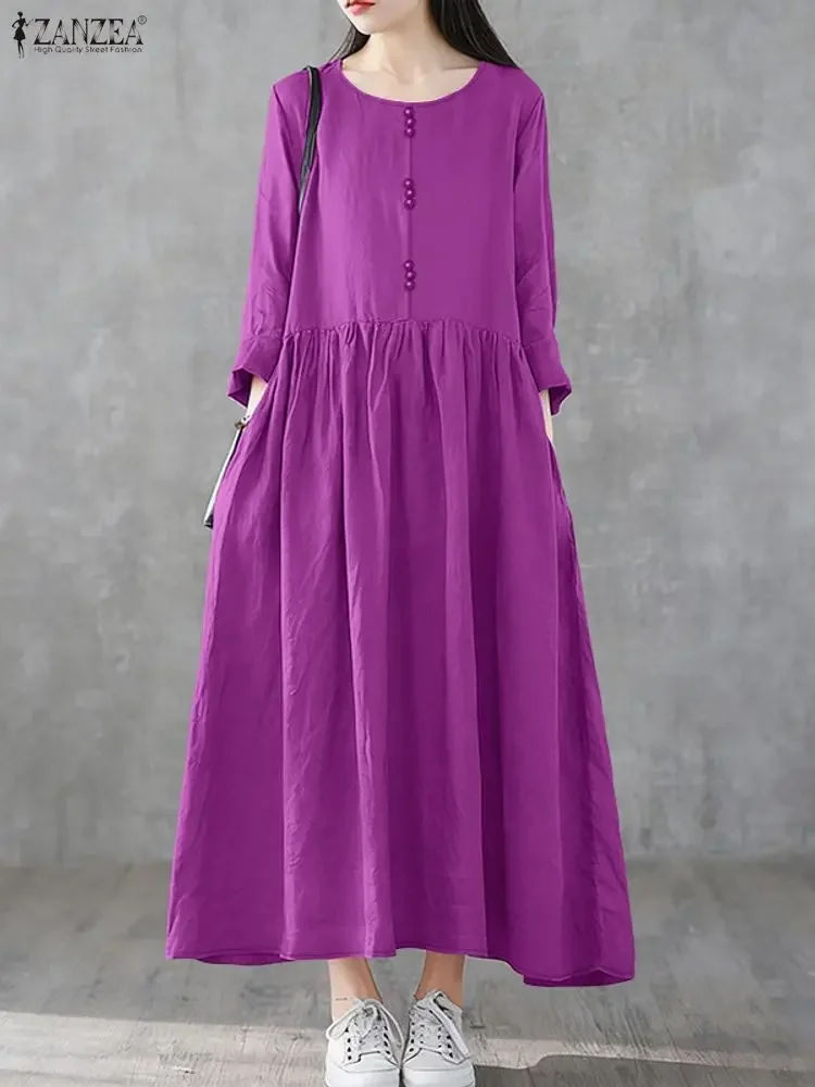 ชุดเดรสแฟชั่น ZANZEA คอลเลคชั่นฤดูใบไม้ร่วง คอทรงโอ แขนยาว สไตล์ลำลอง สำหรับผู้หญิง ปี 2025 วินเทจ สีพื้น ชุดเดรสยาวทรงหลวม สไตล์โรบ แม็กซี่เดรส